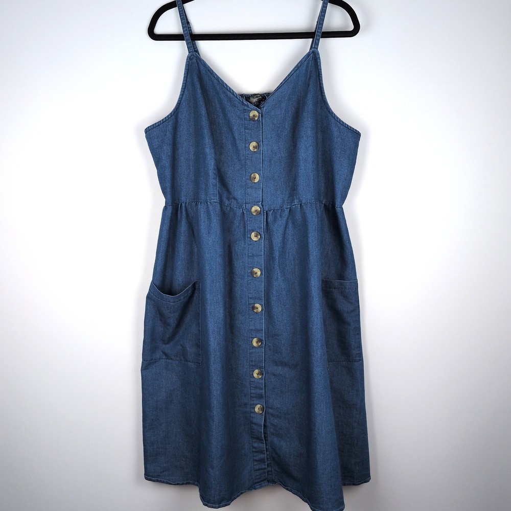 Mlle Gabrielle Womens 3X Denim/Chambray Midi Dress Button Down Smocked w/Pockets